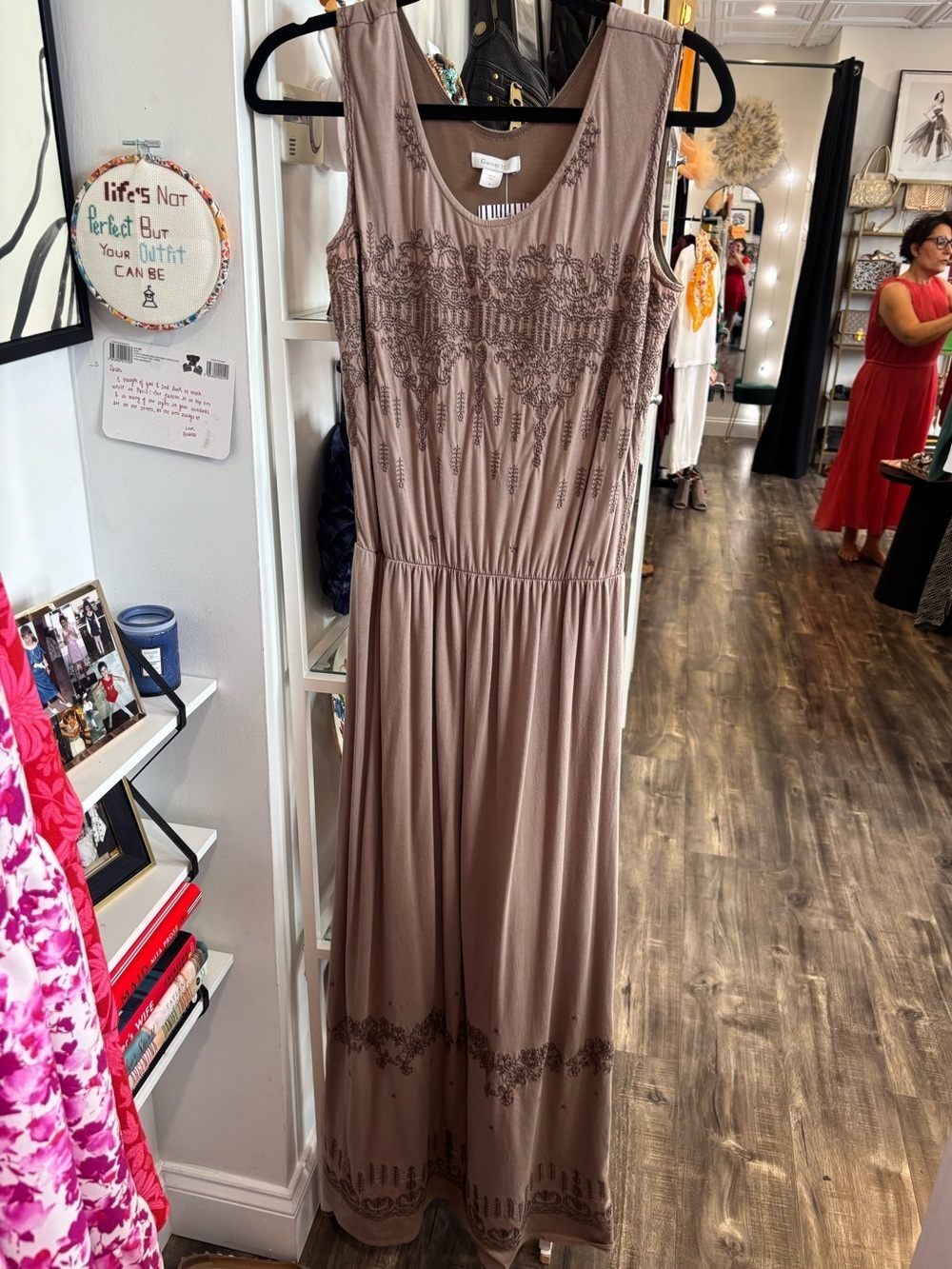 Garnet Hill Taupe Embroidered Sleeveless Maxi Dress
